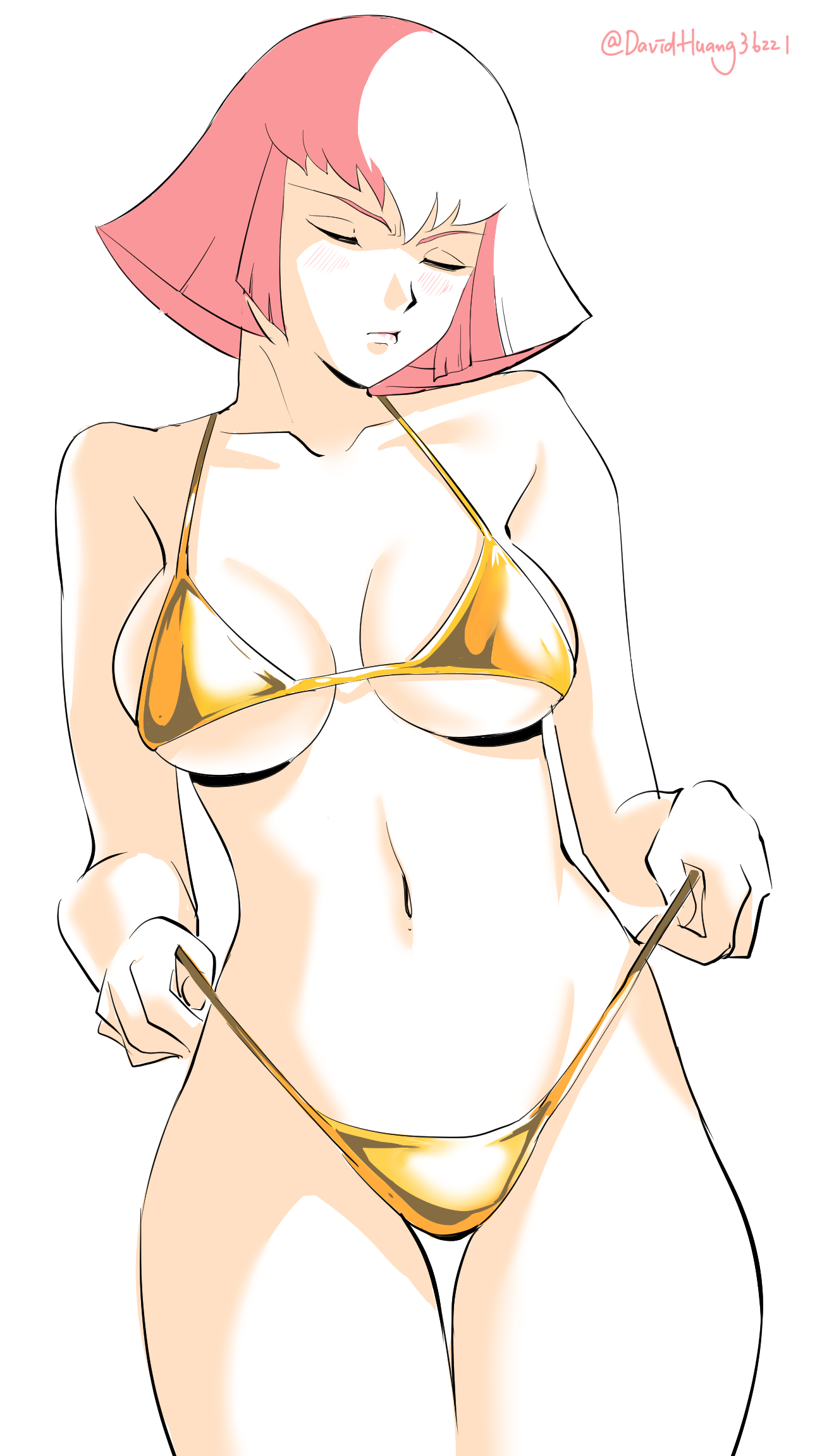david huang, haman karn, gundam, gundam zz, commentary request, highres, 1girl, artist name, bikini, bikini bottom lift, bob cut, breasts, closed eyes, closed mouth, cowboy shot, gold bikini, holding, holding swimsuit, holding unworn clothes, medium breasts, medium hair, navel, pink hair, signature, simple background, solo, swimsuit, twitter username, unworn swimsuit, white background