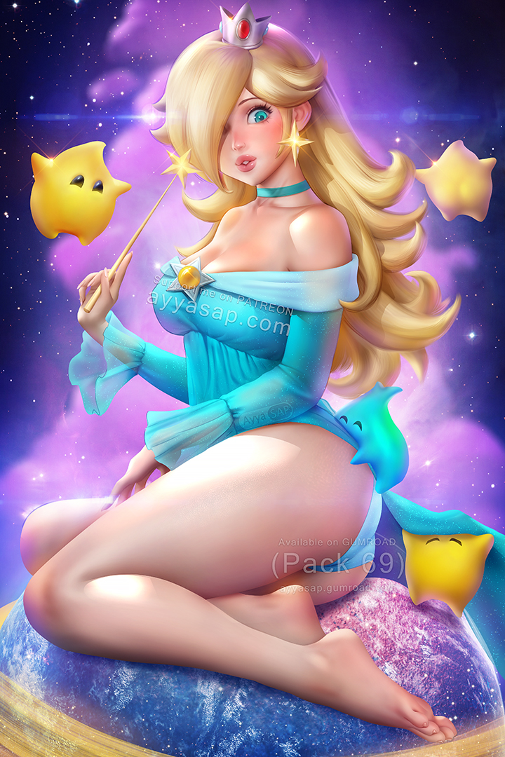 luma, rosalina, mario (series), nintendo, super mario galaxy, artist request, 1girl, ass, bare shoulders, blonde hair, blue eyes, blush, breasts, collarbone, dress, english text, feet, full body, giant, giantess, kneeling, large breasts, lips, long hair, looking down, one eye covered, panties, planet, soles, space, star (sky), underwear, wand, watermark