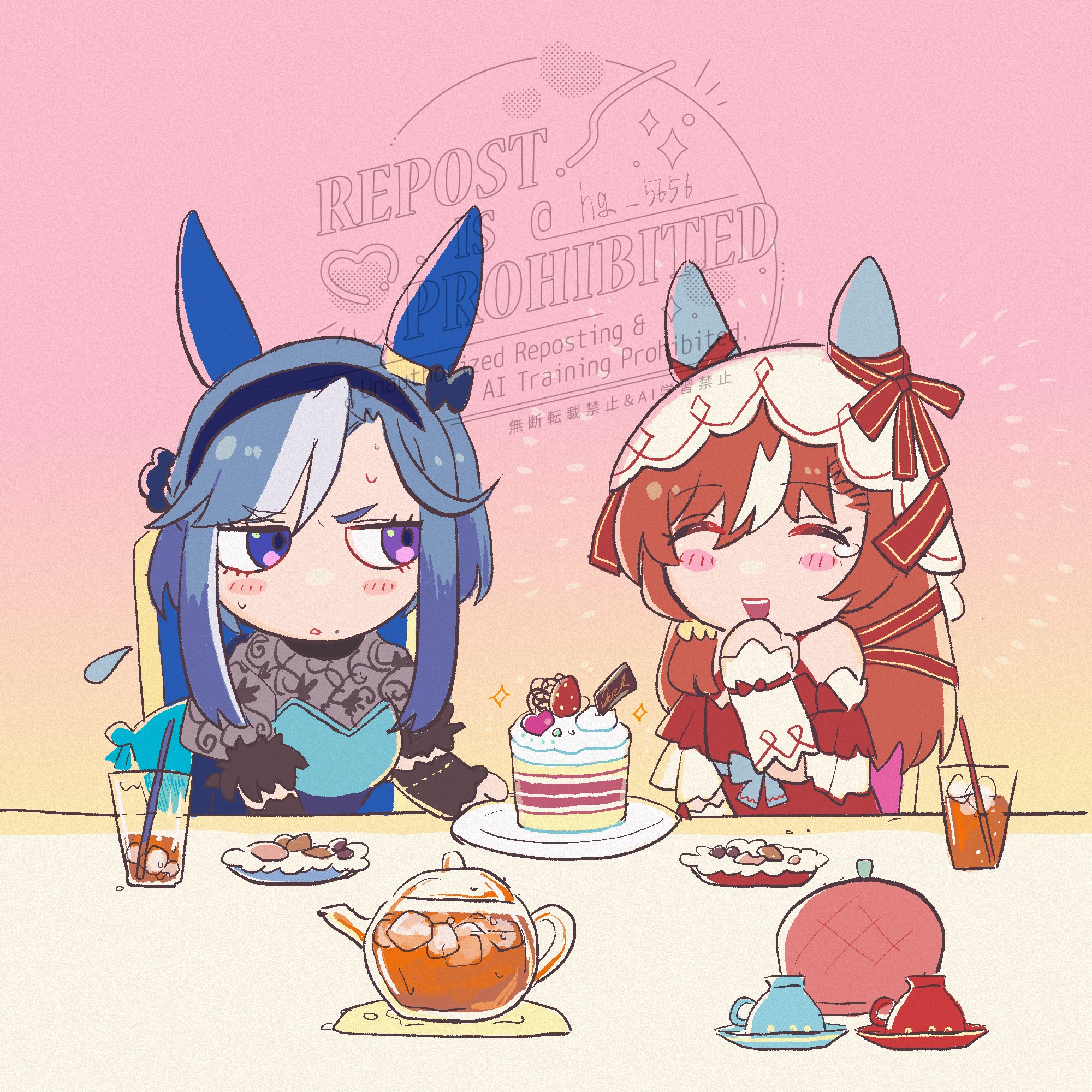 hg 5656, admire groove (umamusume), still in love (umamusume), umamusume, commentary request, highres, translation request, 2girls, blue hair, blush, brown hair, closed eyes, closed mouth, collarbone, cookie, cup, detached sleeves, ear covers, food, hair ornament, multiple girls, pillow, plate, simple background, smile, solo, table, teacup, tears, veil, watermark, white background