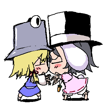 baku taso, itigekimaru, inaba tewi, moriya suwako, touhou, lowres, >:<, 2girls, :<, afterimage, animal ears, chibi, closed eyes, closed mouth, female focus, hat, multiple girls, rabbit ears, simple background, v-shaped eyebrows, white background