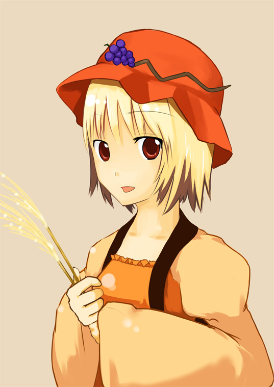 ruit, aki minoriko, touhou, 1girl, blonde hair, female focus, hat, red eyes, short hair, simple background, solo, upper body