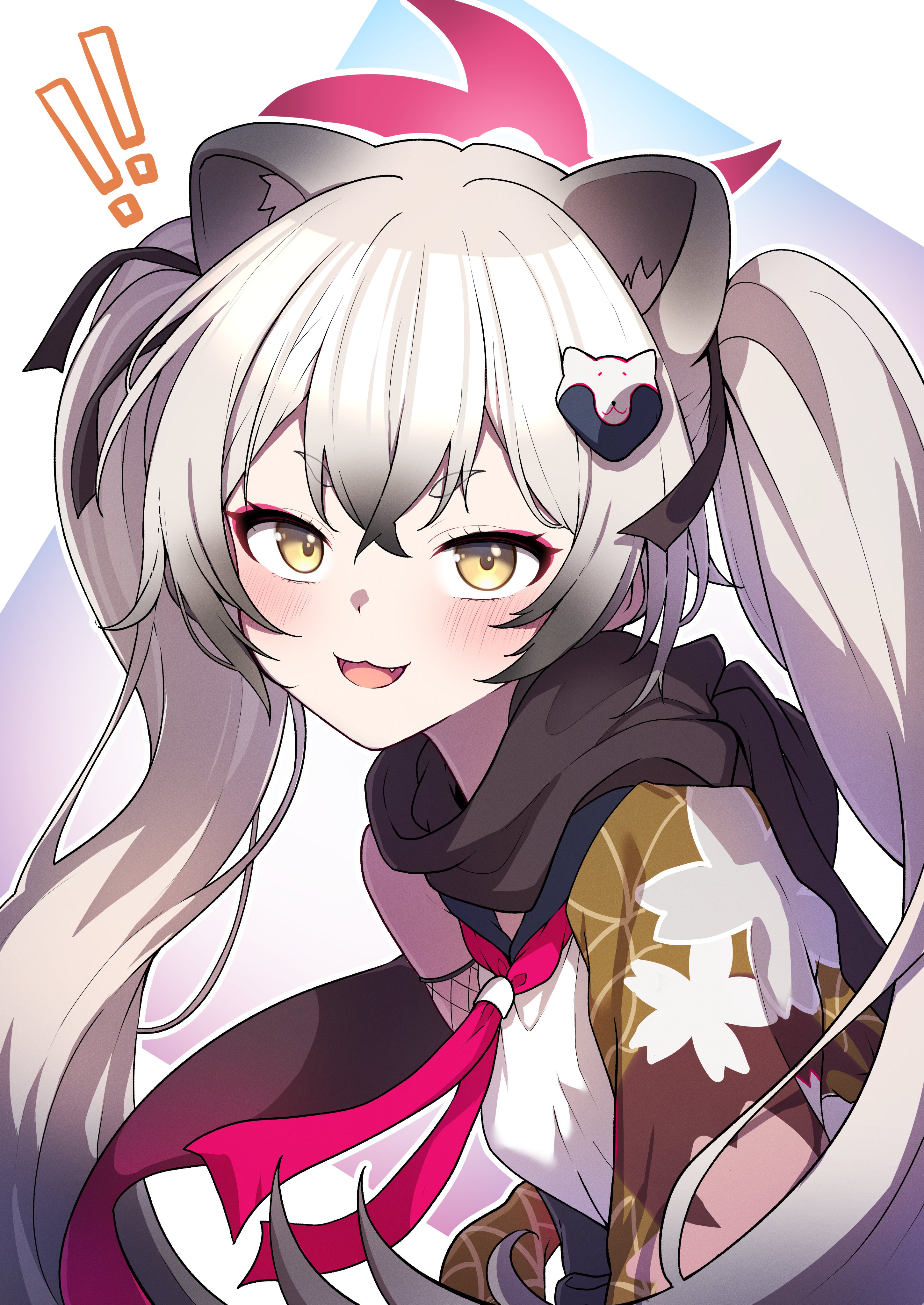 michiru (blue archive), blue archive, absurdres, commentary request, highres, !, !!, 1girl, 4m4t0 0321, :3, :d, animal ears, black sailor collar, black scarf, extra ears, eyeshadow, fang, floral print, floral print kimono, gradient hair, grey hair, hair between eyes, hair ribbon, halo, japanese clothes, kimono, long hair, long sleeves, looking at viewer, makeup, multicolored hair, neckerchief, ninja, open clothes, open kimono, open mouth, print kimono, raccoon ears, raccoon girl, raccoon hair ornament, red eyeshadow, red halo, red neckerchief, ribbon, sailor collar, scarf, school uniform, serafuku, shirt, shuriken print, sidelocks, simple background, sleeveless, sleeveless shirt, smile, solo, thick eyebrows, twintails, upper body, white background, white serafuku, wide sleeves, yellow eyes