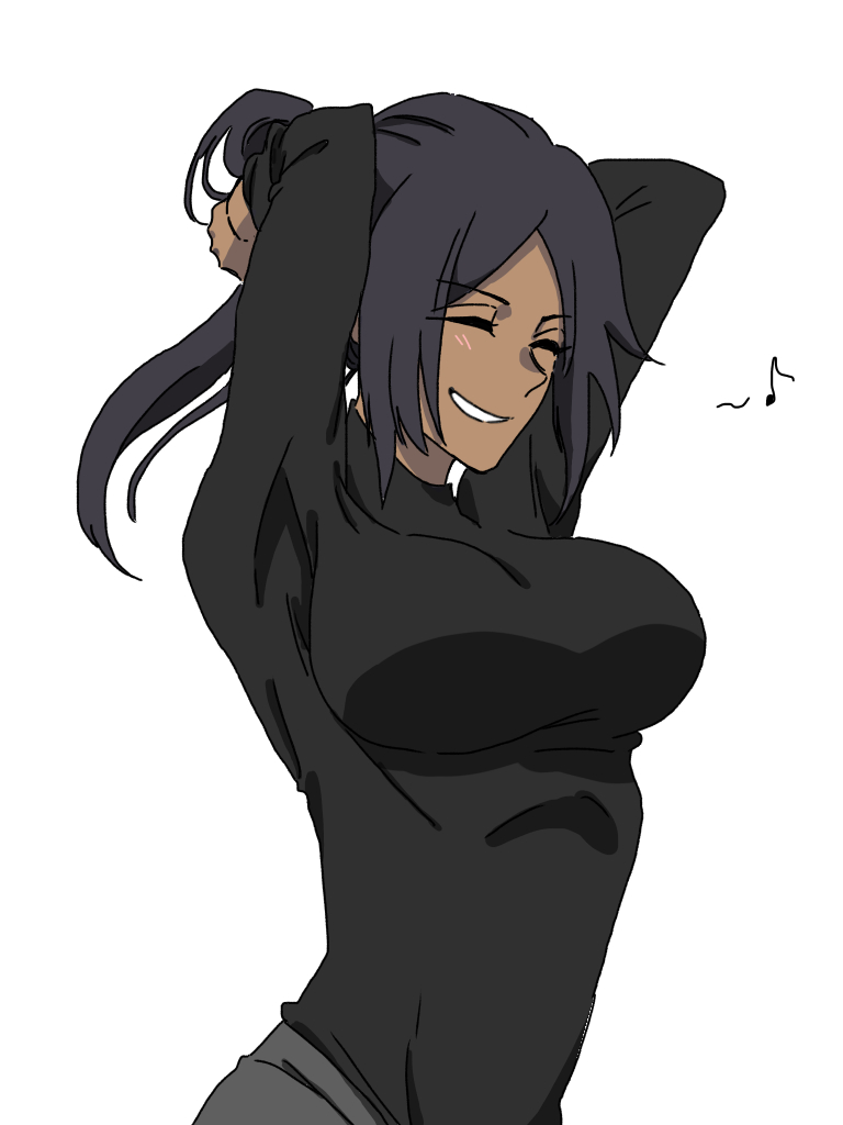 nil note0, shihouin yoruichi, bleach, commentary request, 1girl, ^ ^, alternate costume, arms behind head, black hair, black shirt, breasts, casual, closed eyes, cowboy shot, dark-skinned female, dark skin, grin, happy, impossible clothes, large breasts, light blush, long hair, long sleeves, musical note, parted bangs, ponytail, shirt, sidelocks, simple background, smile, solo, turtleneck, turtleneck shirt, white background