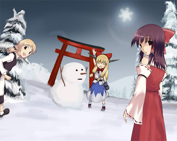 ruit, hakurei reimu, ibuki suika, kirisame marisa, perfect cherry blossom, touhou, 3girls, :d, ^ ^, arch, arm up, blonde hair, blue skirt, blue sky, blush, bow, bowtie, branch, carrot, chain, closed eyes, day, detached sleeves, female focus, fir tree, gourd, hair bow, hair tubes, layered skirt, long hair, long sleeves, low-tied long hair, multiple girls, oni, open mouth, red bow, red bowtie, shoes, skirt, sky, smile, snow, snowflakes, snowman, standing, stick, torii, tree, waving, wrist cuffs