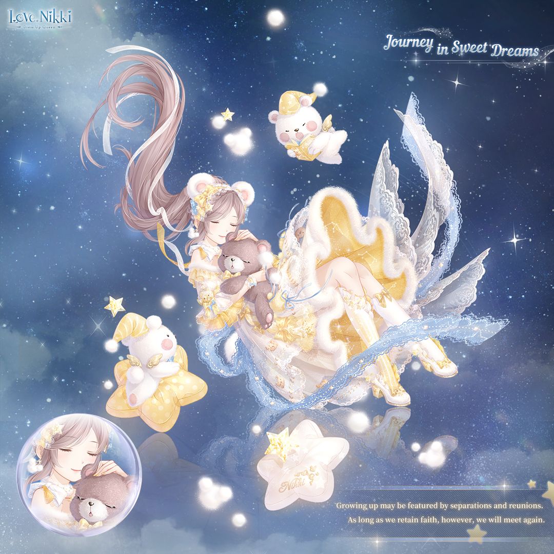 miracle nikki, nikki (series), artist request, official art, 1girl, animal ear hairband, animal ears, asymmetrical legwear, back ribbon, bear, bear ear hairband, bear ears, blue ribbon, bow, bracelet, brown hair, character name, closed eyes, closed mouth, cloud, collar, copyright name, detached collar, dress, english text, fake animal ears, falling, footwear bow, frilled sleeves, frills, full body, full moon, fur-trimmed dress, fur trim, gradient socks, hair bow, hair ornament, hair ribbon, hairband, happy, high heels, holding, holding stuffed toy, hugging object, jewelry, journey in sweet dreams (miracle nikki), kneehighs, knees, lace ribbon, light particles, logo, lolita fashion, long hair, medium dress, mismatched legwear, moon, night, night sky, off-shoulder dress, off shoulder, outdoors, pleated dress, puffy short sleeves, puffy sleeves, pumps, ribbon, shoes, short sleeves, sky, smile, socks, solo, sparkle, star (sky), star (symbol), star hair ornament, starry sky, striped clothes, striped socks, stuffed animal, stuffed toy, teddy bear, train (clothing), two-tone socks, vertical-striped clothes, vertical-striped socks, very long hair, wavy hair, white collar, white hairband, white shoes, white socks, yellow bow, yellow dress, yellow socks