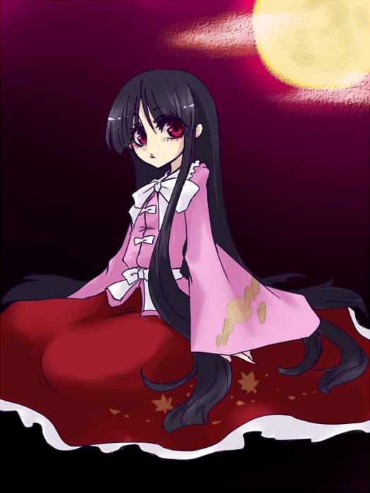 shimizu kokeshi, houraisan kaguya, touhou, 1girl, black hair, blouse, bow, bowtie, cloud, female focus, full moon, long hair, long skirt, long sleeves, looking at viewer, moon, red eyes, red skirt, shirt, sidelocks, sitting, skirt, solo, very long hair, white bow, white bowtie
