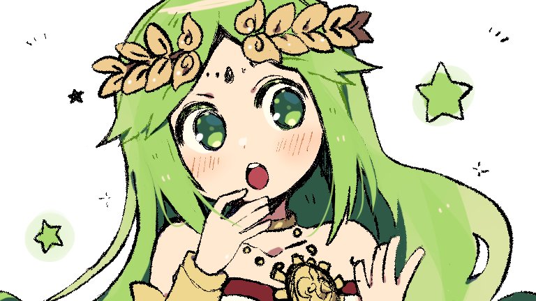 ariuto, miyabidotto, palutena, kid icarus, kid icarus uprising, nintendo, 1girl, circlet, collarbone, green eyes, green hair, open mouth, simple background, solo, star (symbol), upper body, white background