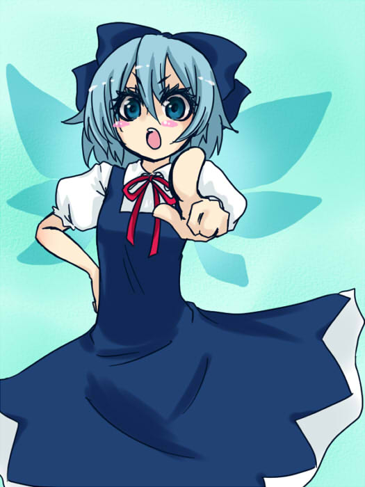 shimizu kokeshi, cirno, embodiment of scarlet devil, touhou, 1girl, aqua background, blouse, blue eyes, blue hair, blush stickers, bow, cowboy shot, dress, eyelashes, female focus, foreshortening, hair between eyes, hair bow, hand on own hip, pinafore dress, pointing, ribbon, school uniform, serafuku, shirt, sleeveless dress, solo, v-shaped eyebrows, white shirt, wings