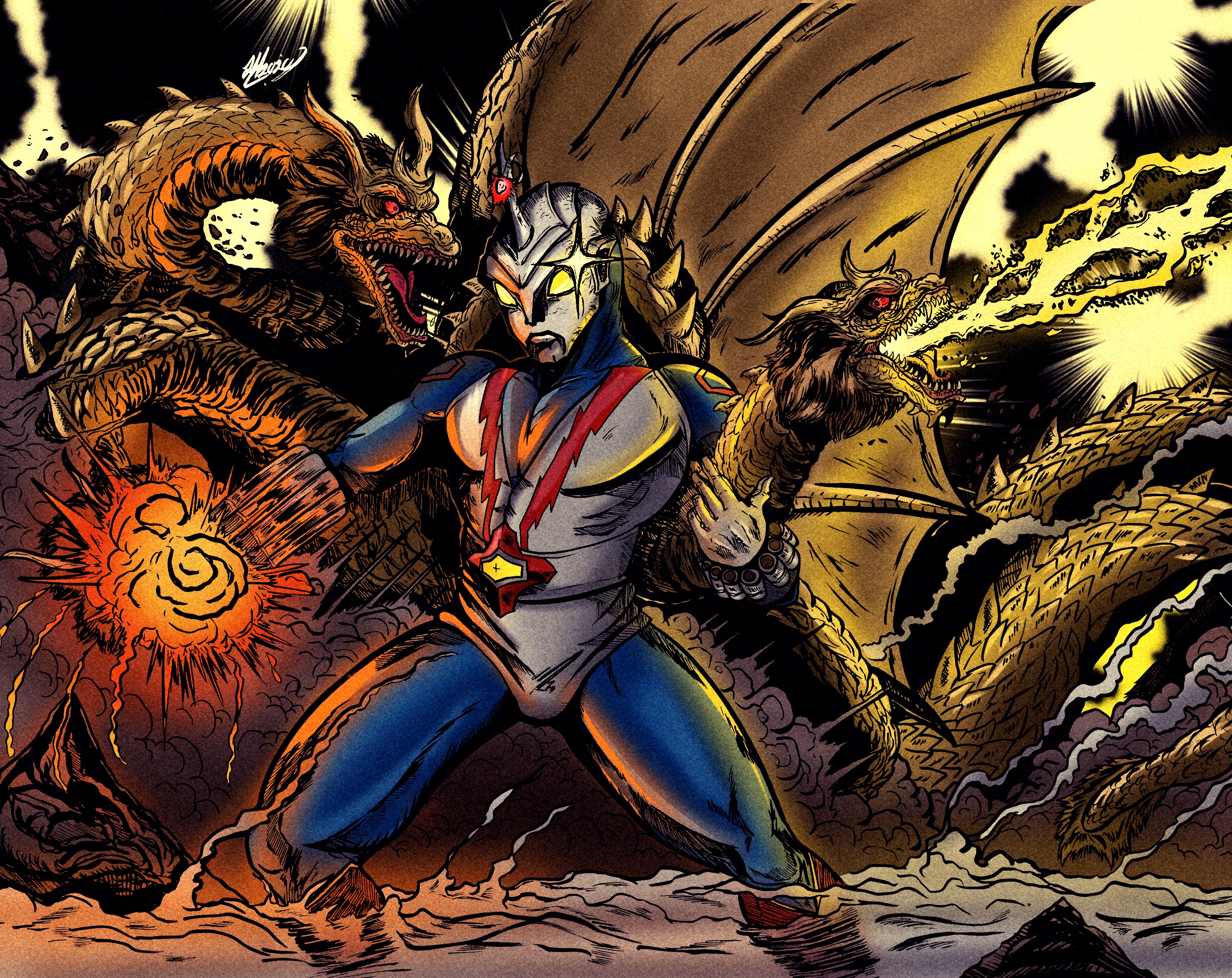 jesszilla2000, tl2bie, king ghidorah, zone fighter, ghidorah, the three-headed monster, godzilla (series), toho, zone fighter (series), artist collaboration, highres, 1boy, alien, antennae, black sky, breath weapon, breathing lightning, company connection, crossover, dragon, electricity, energy, energy beam, explosion, extra tails, fire, gauntlets, giant, giant monster, glowing, glowing eyes, gravity beam, horns, hydra, kaijin, kaiju, mane, meteor missile (zone fighter), meteor missile might, missile, missile launcher, monster, mouth beam, multiple heads, muscular, muscular arms, muscular legs, muscular male, night, no humans, no pupils, open mouth, pectorals, red eyes, seijin, sharp teeth, sky, slit pupils, smoke, space monster, spikes, superhero costume, tail, teeth, tongue, weapon, wings, yellow electricity, yellow eyes