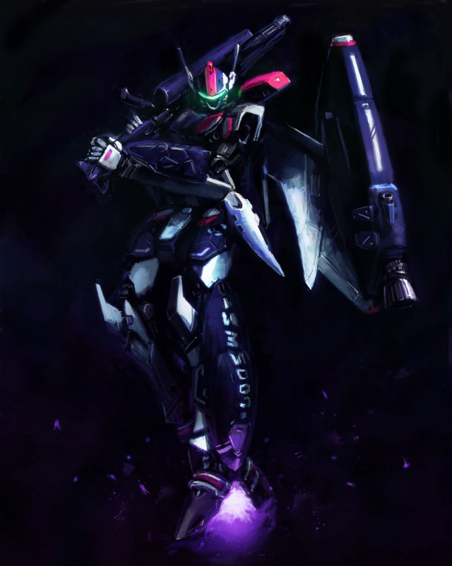 vf-25, macross, macross frontier, 00s, armor, dark, gunpod, mecha, no humans, realistic, robot, s.m.s., space