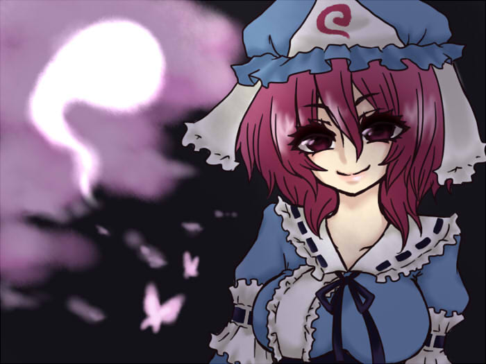 shimizu kokeshi, saigyouji yuyuko, touhou, 1girl, closed mouth, female focus, ghost, hair between eyes, hat, hitodama, japanese clothes, kimono, long sleeves, looking at viewer, mob cap, pink hair, red eyes, short hair, smile, solo, triangular headpiece