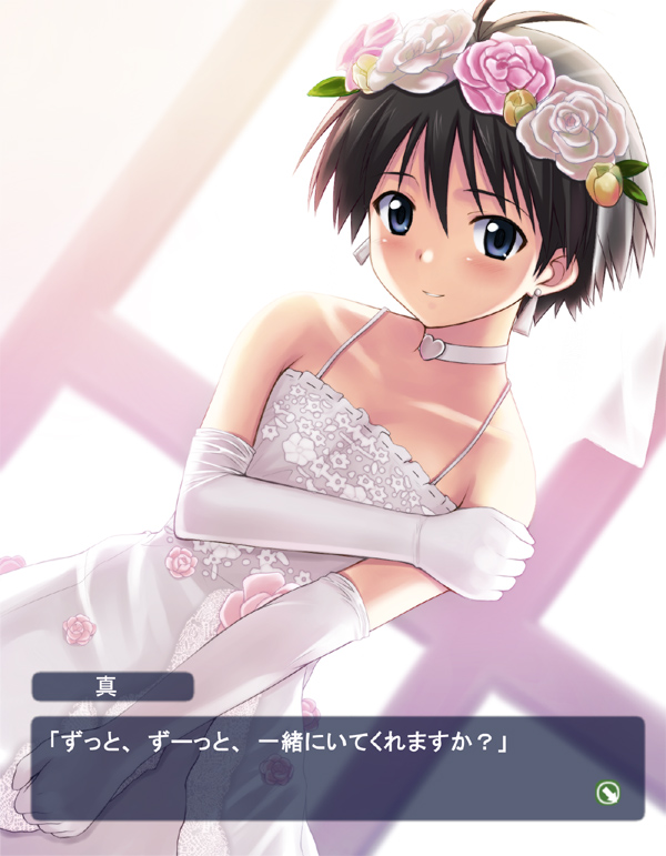 kisugi, kisugi akira, kikuchi makoto, idolmaster, idolmaster (classic), translation request, 00s, antenna hair, bare shoulders, black hair, blue eyes, bridal veil, bride, choker, dress, elbow gloves, flower, gloves, short hair, solo, veil, wedding dress