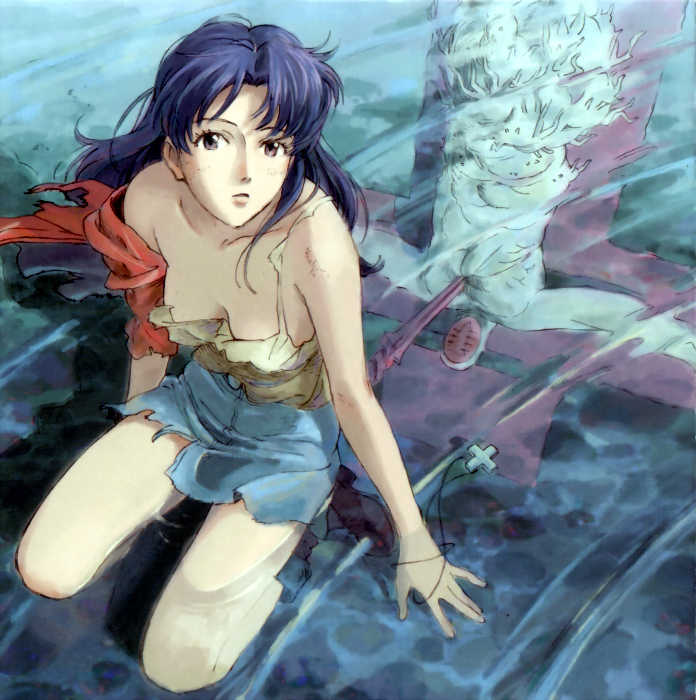 hiramatsu tadashi, angel (evangelion), katsuragi misato, lilith (evangelion), neon genesis evangelion, platform footwear, cleaned, highres, official art, 1girl, ankle boots, arm support, bare shoulders, blue hair, boots, breasts, cleavage, cross, crucifixion, cutoffs, denim, denim skirt, downblouse, female focus, from above, greek cross, jacket, jewelry, kneeling, lance of longinus (evangelion), long hair, looking at viewer, medium breasts, miniskirt, necklace, no bra, off shoulder, open mouth, outdoors, parted bangs, partially submerged, platform boots, platform heels, purple eyes, purple hair, reflection, seiza, sidelocks, sitting, skirt, solo, spread legs, strap slip, tank top, torn clothes, water, weapon