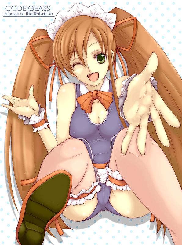 kannagi kaname, shirley fenette, code geass, 00s, 1girl, breasts, cameltoe, covered erect nipples, female focus, frilled thighhighs, frills, green eyes, high heels, medium breasts, one-piece swimsuit, one eye closed, orange hair, school swimsuit, shoes, solo, swimsuit, thighhighs, twintails, wink