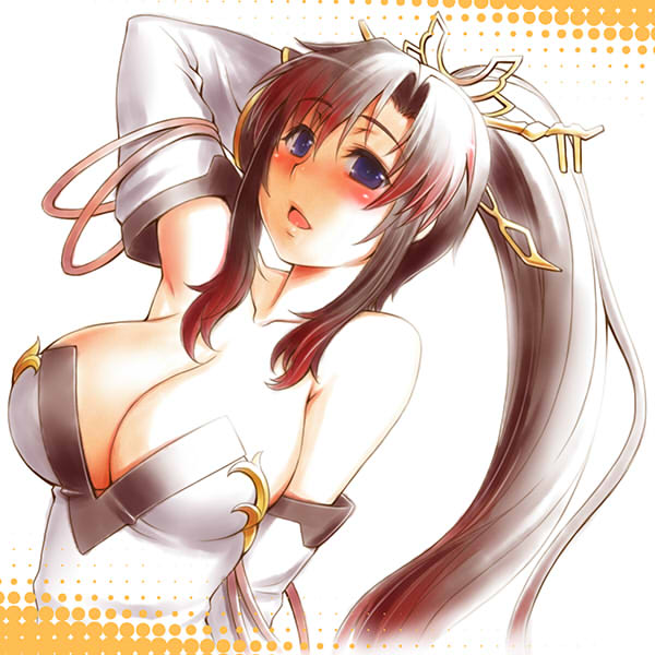 seki suzume, nanbu kaguya, banpresto, super robot wars, super robot wars og saga mugen no frontier, 1girl, blue eyes, blush, breasts, cleavage, dress, female focus, huge breasts, infinite frontier, long hair, multicolored hair, ponytail, solo, strapless, strapless dress, two-tone hair