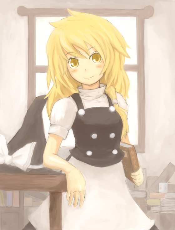 kirishima ruka, kokotetsu, kirisame marisa, touhou, 1girl, blonde hair, blush, book, dress, female focus, hat, long hair, solo, witch hat, yellow eyes