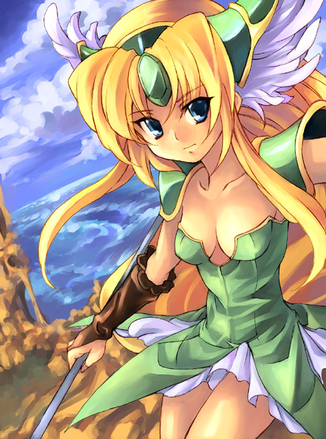 kouno hikaru, riesz, seiken densetsu, seiken densetsu 3, 1girl, blonde hair, blue eyes, breasts, cleavage, day, female focus, head wings, helmet, large breasts, panties, pantyshot, polearm, sky, solo, underwear, weapon, winged helmet, wings