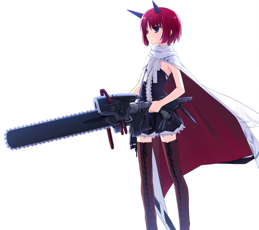 poco (asahi age), original, 1girl, boots, cape, chainsaw, dress, female focus, flat chest, horns, red eyes, red hair, short hair, simple background, solo, thigh boots, thighhighs, zettai ryouiki