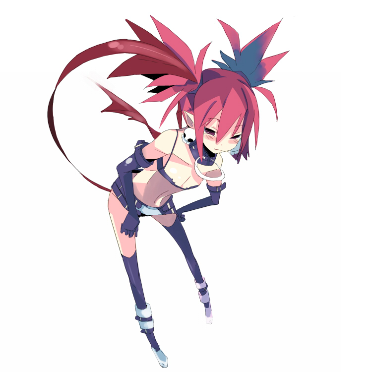 kanikama, etna (disgaea), disgaea, makai senki disgaea, nippon ichi, 00s, 1girl, blush, breasts, cleavage, collar, demon girl, earrings, elbow gloves, female focus, flat chest, gloves, jewelry, leaning forward, midriff, miniskirt, pink eyes, pink hair, pointy ears, simple background, skirt, skull, smile, solo, tail, thighhighs, twintails, wings, zettai ryouiki