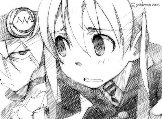 gofu, maka albarn, soul evans, soul eater, traditional media, 00s, greyscale, monochrome, sketch