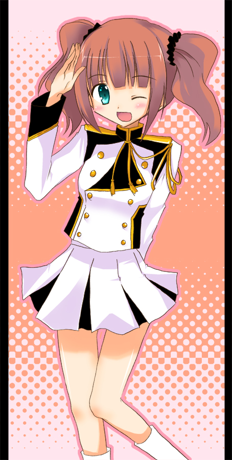 akane souichi, takatsuki yayoi, idolmaster, idolmaster (classic), bad id, bad pixiv id, 00s, 1girl, aqua eyes, band uniform, female focus, one eye closed, open mouth, red hair, salute, solo, twintails