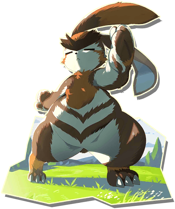 hare (monster farm), line: monster farm, monster farm, official art, brown fur, closed eyes, rabbit, thick eyebrows, wild hare (monster farm)