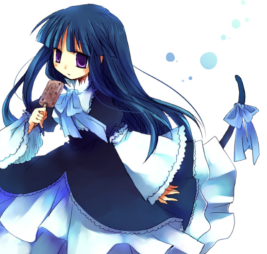 suzushiro kurumi, frederica bernkastel, umineko no naku koro ni, 00s, 1girl, black dress, blue bow, blue hair, bow, dress, female focus, food, hime cut, ice cream, long hair, long sleeves, popsicle, purple eyes, solo, tail, white dress, witch