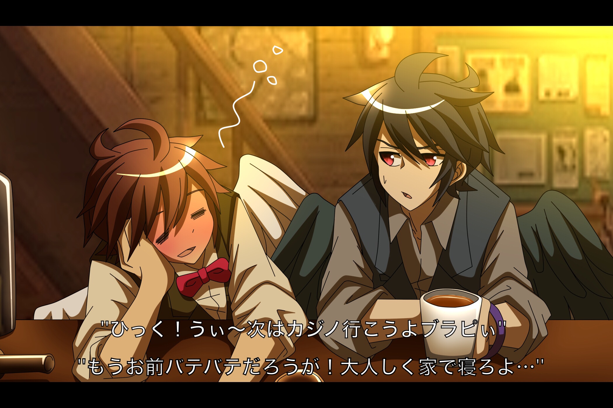 rushia (retreat), dark pit, pit (kid icarus), kid icarus, kid icarus uprising, nintendo, highres, translation request, 2boys, = =, ahoge, alternate costume, angel, angel wings, black hair, blush, bow, bowtie, brown hair, closed eyes, cup, drunk, holding, holding cup, letterboxed, looking at another, male focus, multiple boys, red bow, red bowtie, red eyes, wings