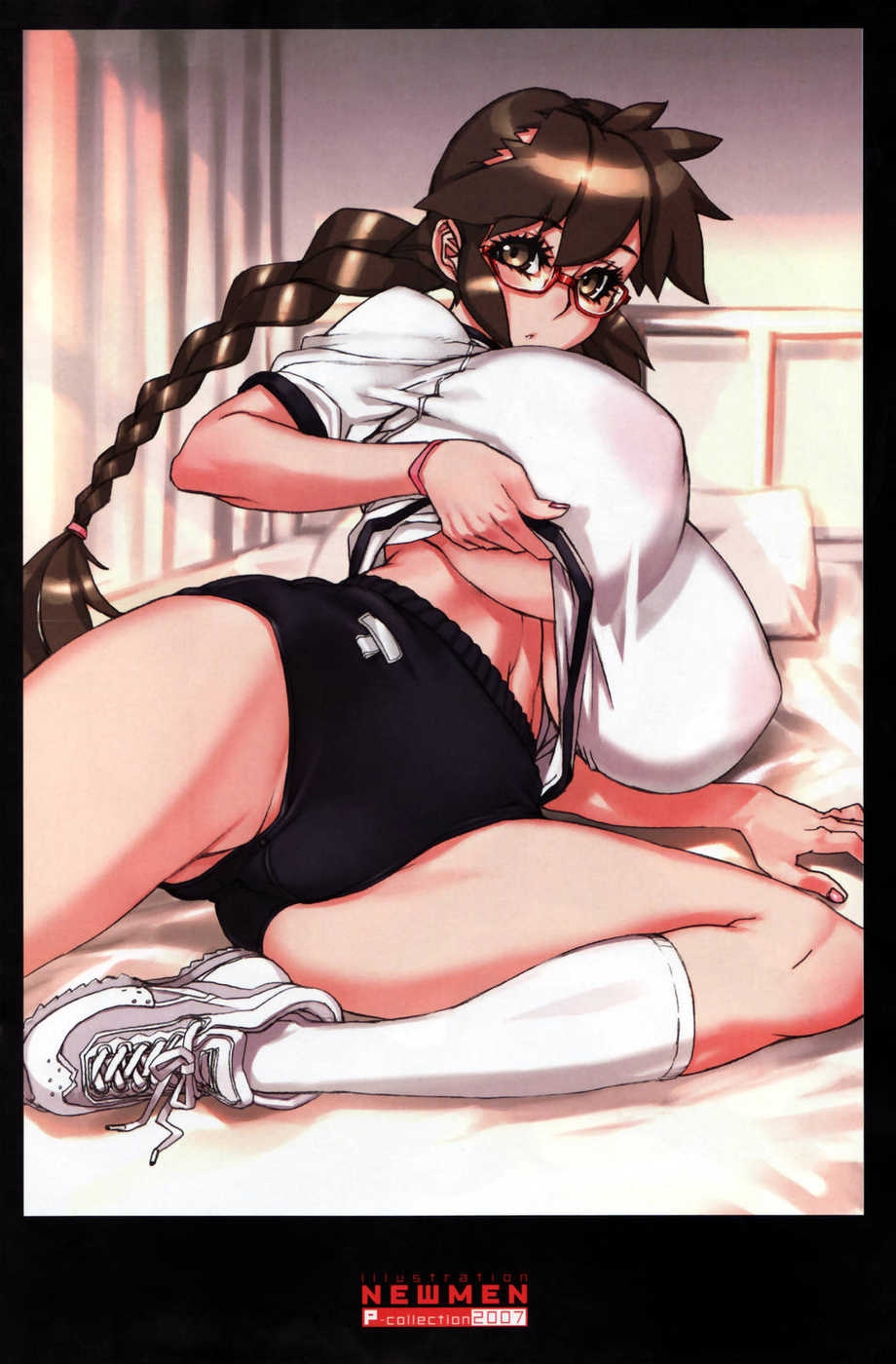 vrkdh, highres, blush, braid, breasts, brown hair, clothes lift, gym uniform, huge breasts, shirt lift, socks, solo