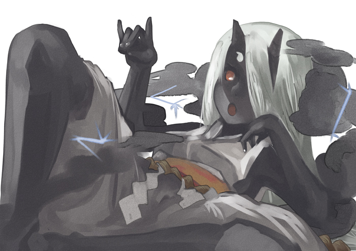 jitsu hidari, 1girl, black skin, colored skin, demon, demon girl, female focus, hair over one eye, horns, japanese clothes, long hair, oni, solo, white hair