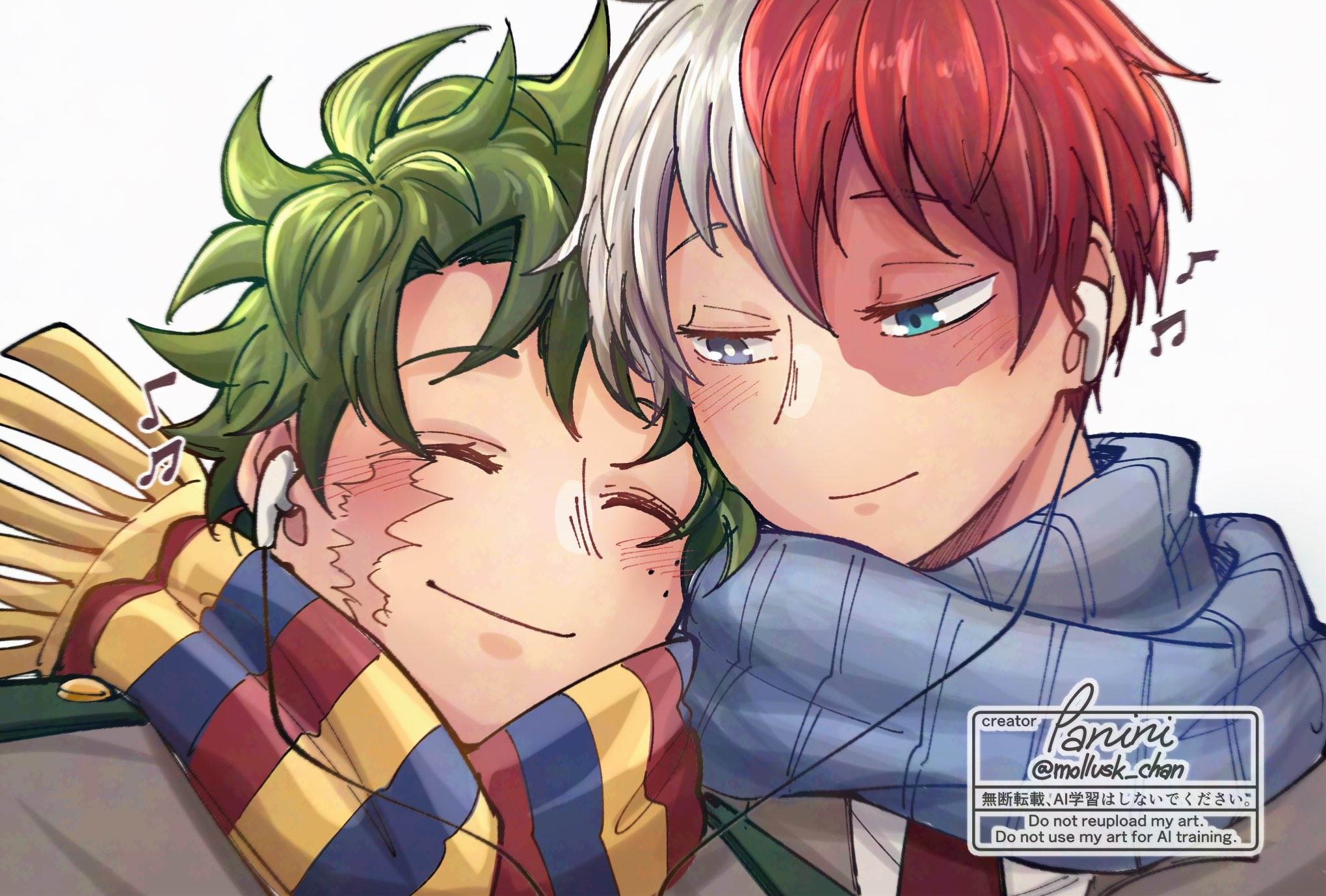 midoriya izuku, todoroki shoto, boku no hero academia, earphones, freckles, green hair, listening to music, mollusk chan, multicolored hair, red hair, scar, scarf, school uniform, smile, tododeku, two-tone hair, white hair, yaoi