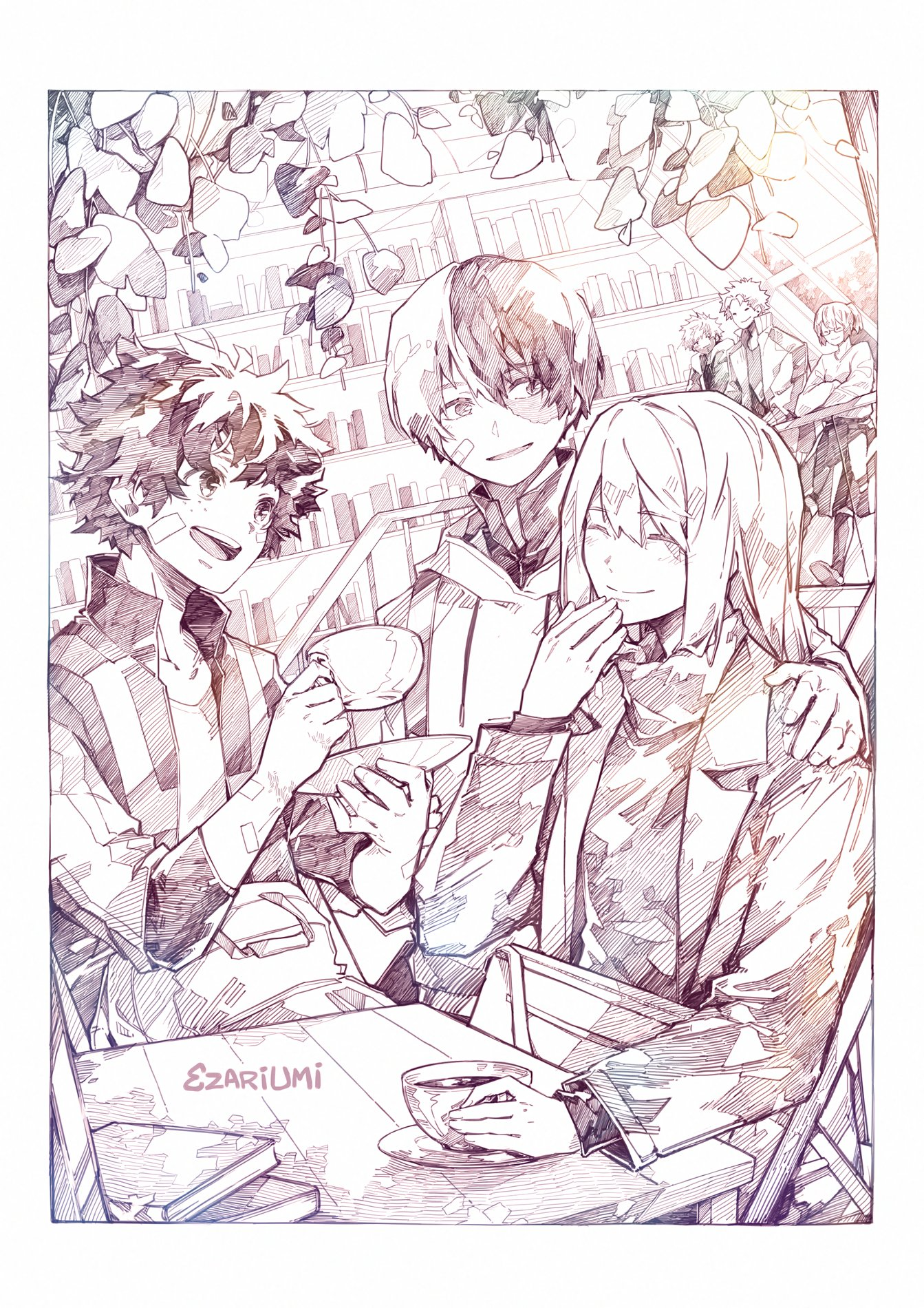 midoriya izuku, todoroki fuyumi, todoroki hajime, todoroki shoto, todoroki touya, boku no hero academia, bandages, book, cup, curly hair, ezariumi, family, freckles, library, multicolored hair, scar, sitting, smile, teacup, tododeku, two-tone hair
