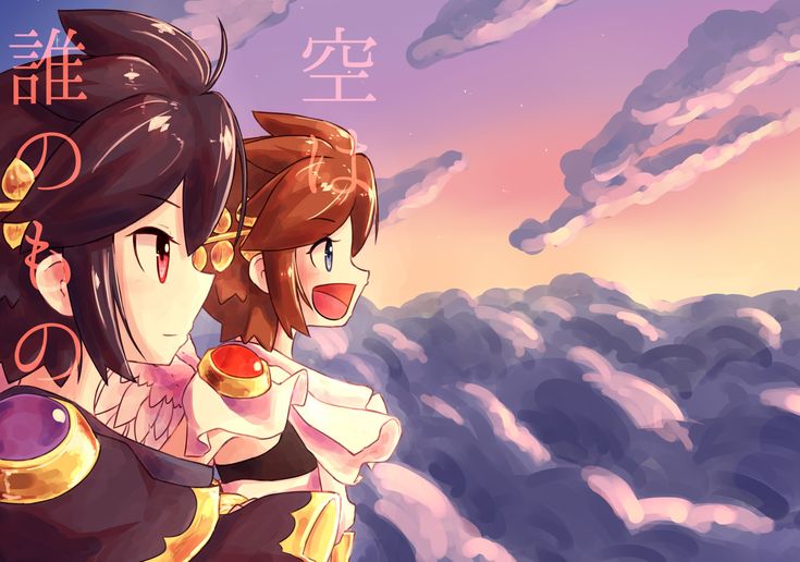 aonori106, dark pit, pit (kid icarus), kid icarus, kid icarus uprising, nintendo, bad id, bad pixiv id, 2boys, angel, angel wings, black hair, blue eyes, brown hair, cloud, laurel crown, light smile, male focus, multiple boys, open mouth, outdoors, red eyes, siblings, star (sky), sunrise, twins, upper body, wings