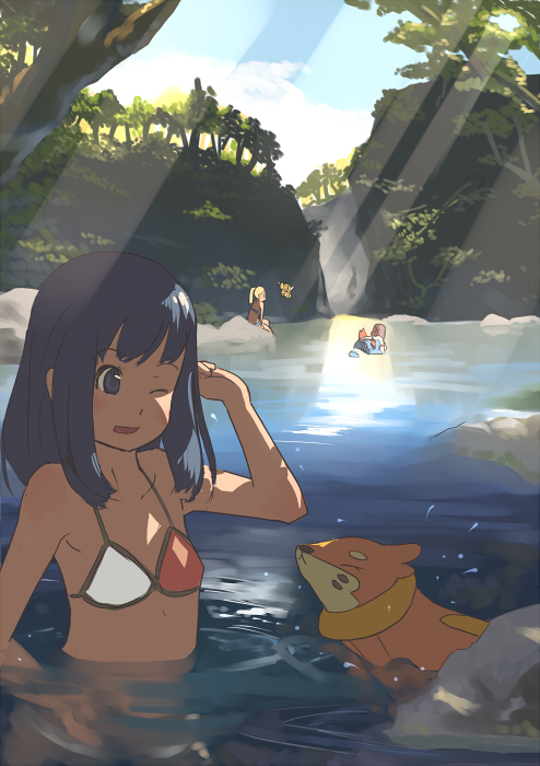 jitsu hidari, buizel, combee, dawn (pokemon), feraligatr, nintendo, pokemon, 2girls, bikini, blue eyes, blue hair, day, gen 2 pokemon, gen 4 pokemon, long hair, mountain, multiple girls, nature, one eye closed, pokemon (creature), sunlight, swimsuit, wading, water, wink