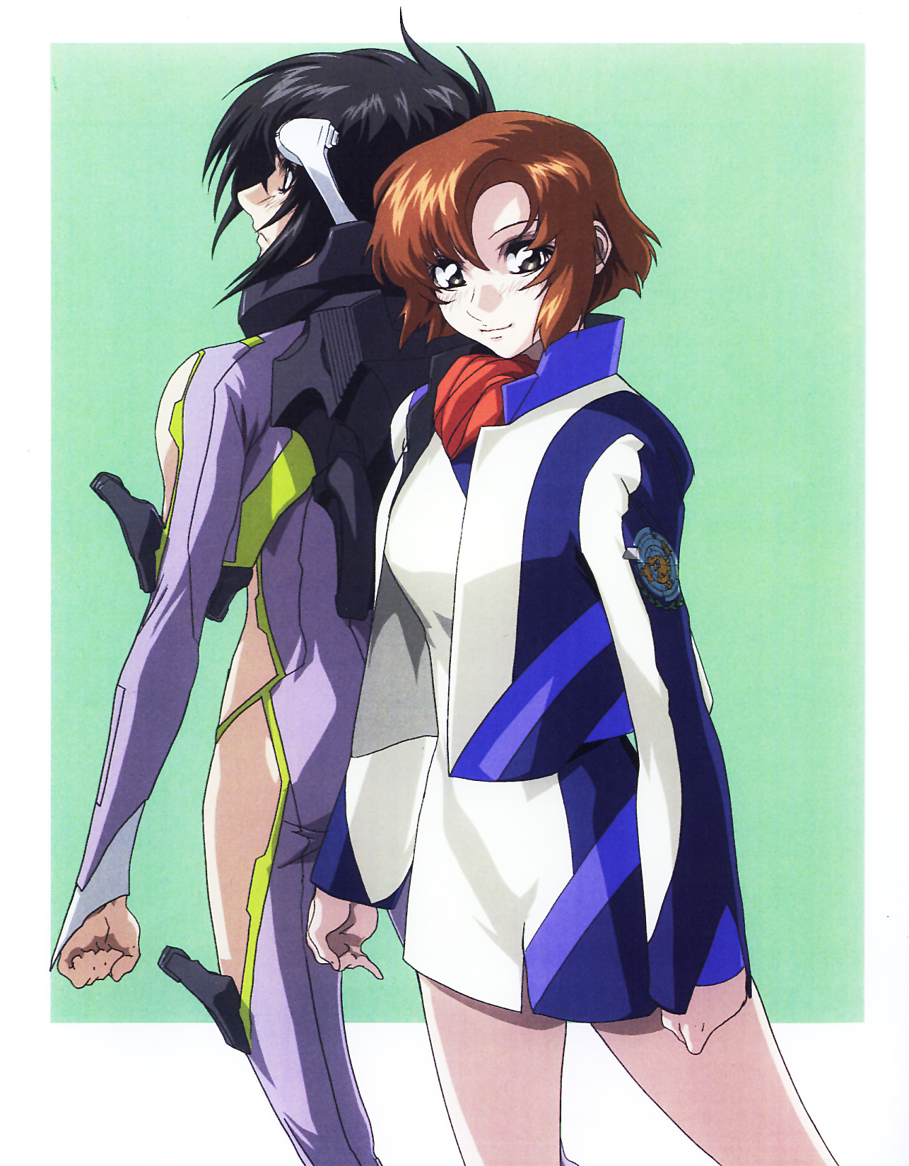 hirai hisashi, makabe kazuki, toomi maya, soukyuu no fafner, pilot suit, uniform, highres, official art, scan, 00s, 1boy, 1girl, black hair, blush, bodysuit, clothing cutout, dress, headgear, long sleeves, looking at viewer, mecha pilot suit, orange hair, outside border, short hair, side cutout, skirt, smile, synergetic suit, two-tone dress