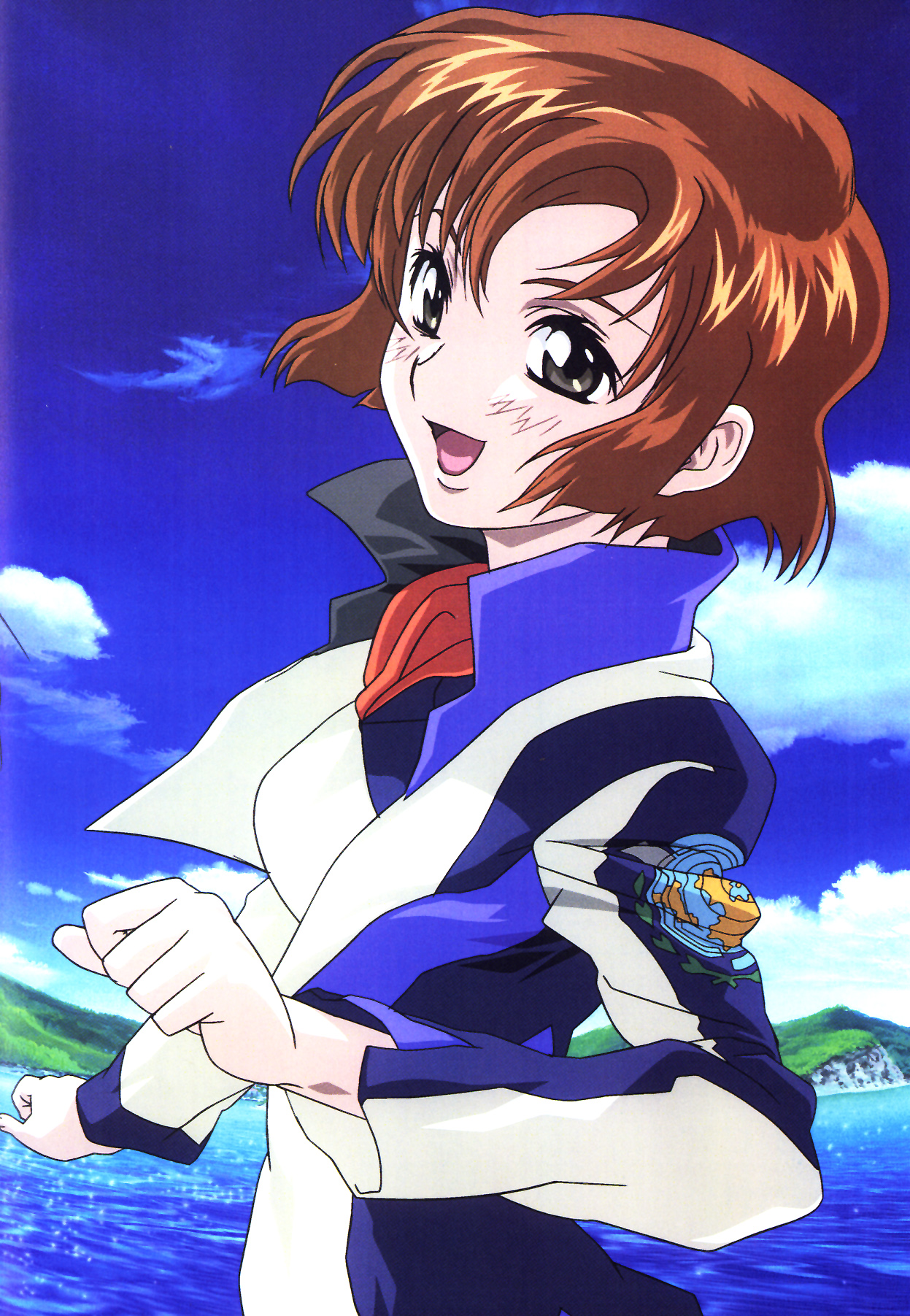 toomi maya, soukyuu no fafner, uniform, highres, official art, scan, 00s, 1girl, black eyes, brown hair, female focus, outdoors, short hair, sky, solo, water