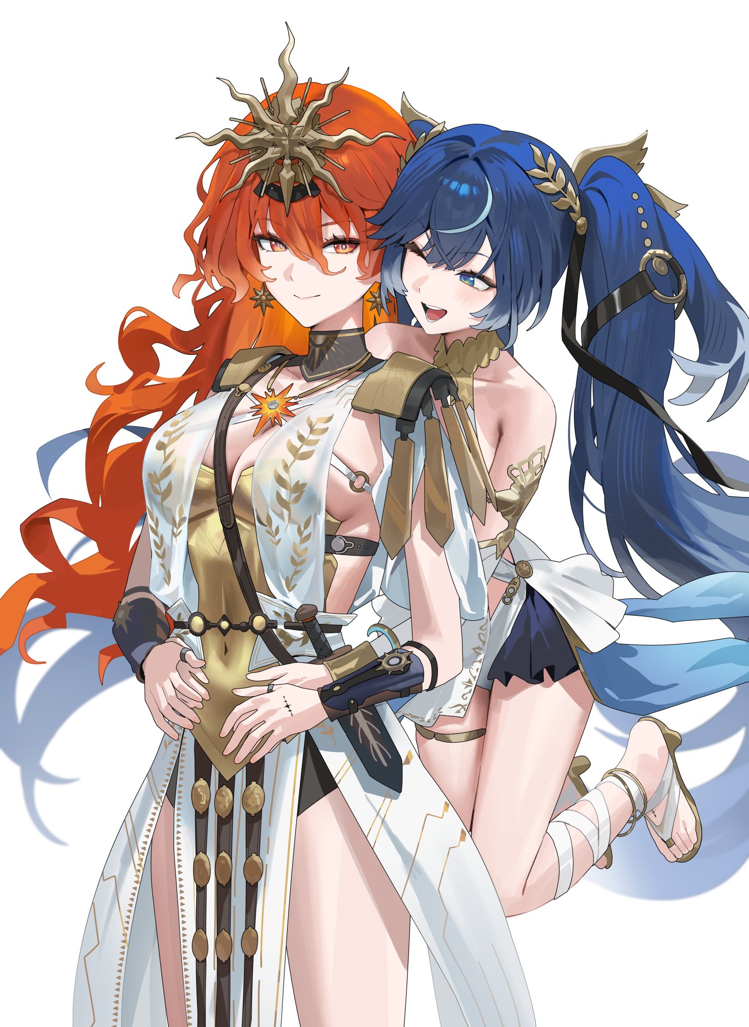 hood (james x), augusta (wuthering waves), iuno (wuthering waves), wuthering waves, commentary, highres, symbol-only commentary, 2girls, ancient greek clothes, arm armor, armor, bare shoulders, black collar, black skirt, blue eyes, blue hair, breastplate, breasts, closed mouth, collar, covered navel, dress, earrings, greco-roman clothes, hair belt, hair between eyes, head wreath, headgear, hug, hug from behind, jewelry, leg wrap, long hair, looking at another, looking at viewer, medium breasts, miniskirt, multicolored hair, multiple girls, one eye closed, open mouth, orange eyes, orange hair, sandals, showgirl skirt, simple background, skirt, smile, streaked hair, sun earrings, sun necklace, tacet mark (wuthering waves), thighlet, thighs, toes, white background, white dress