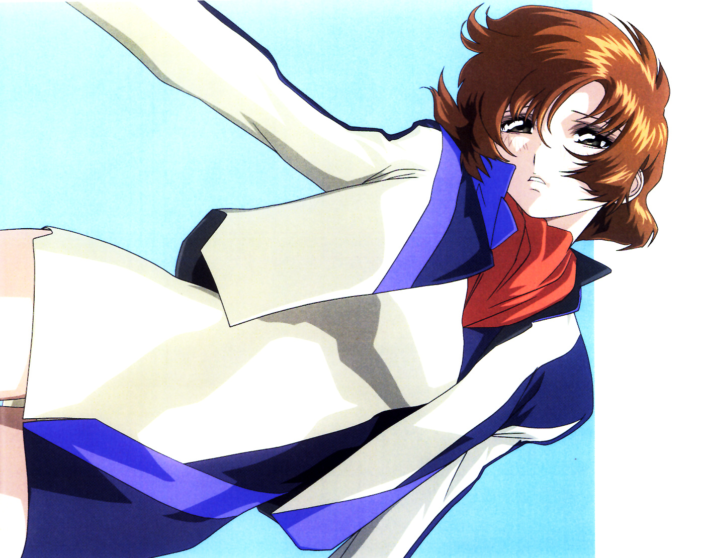 hirai hisashi, toomi maya, soukyuu no fafner, uniform, official art, scan, 00s, 1girl, aqua background, blush, brown eyes, cropped jacket, female focus, jacket, long sleeves, lying, on back, orange hair, parted lips, short hair, skirt, solo