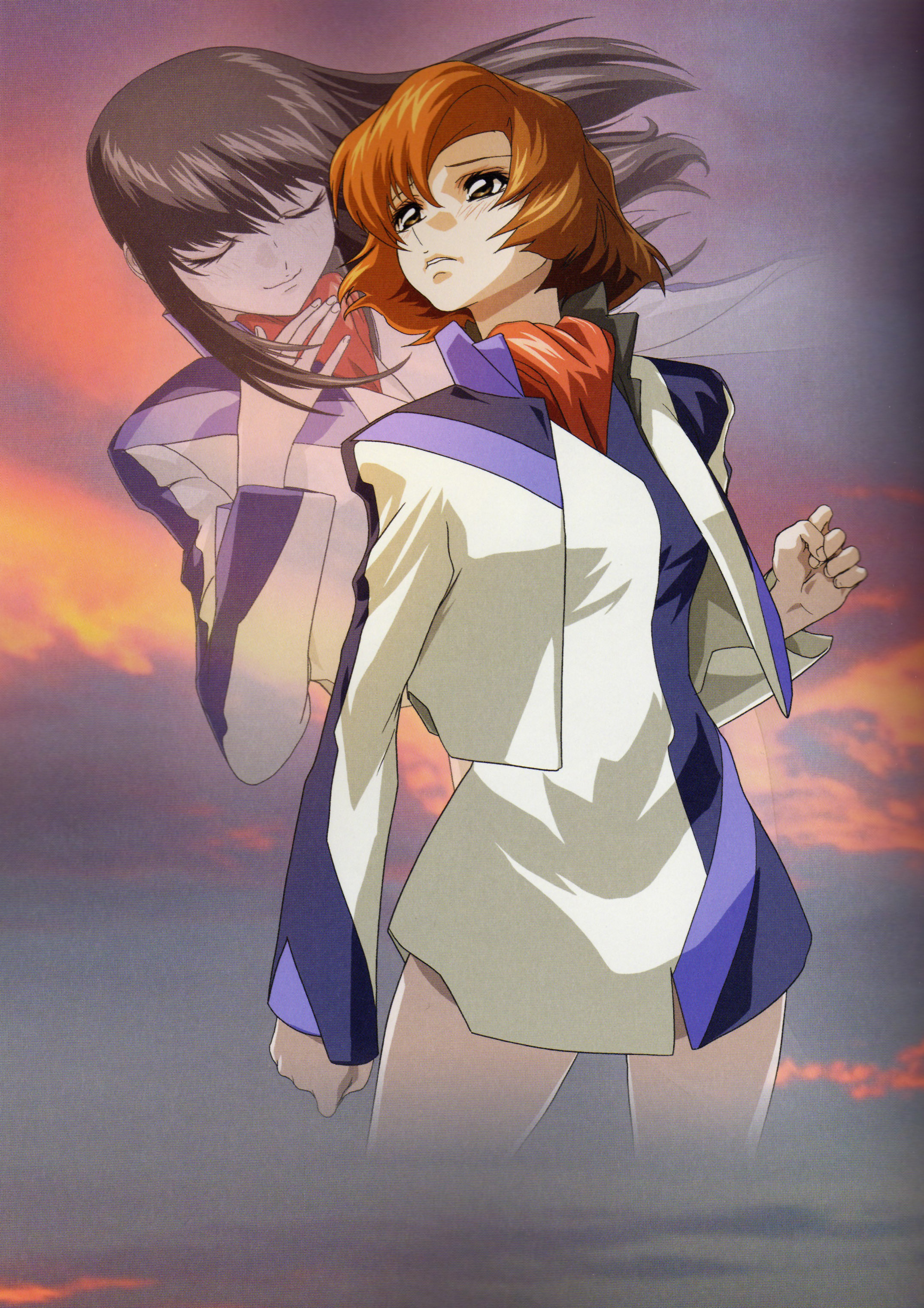 hirai hisashi, hazama shouko, toomi maya, soukyuu no fafner, uniform, absurdres, highres, official art, scan, 00s, brown eyes, brown hair, red hair