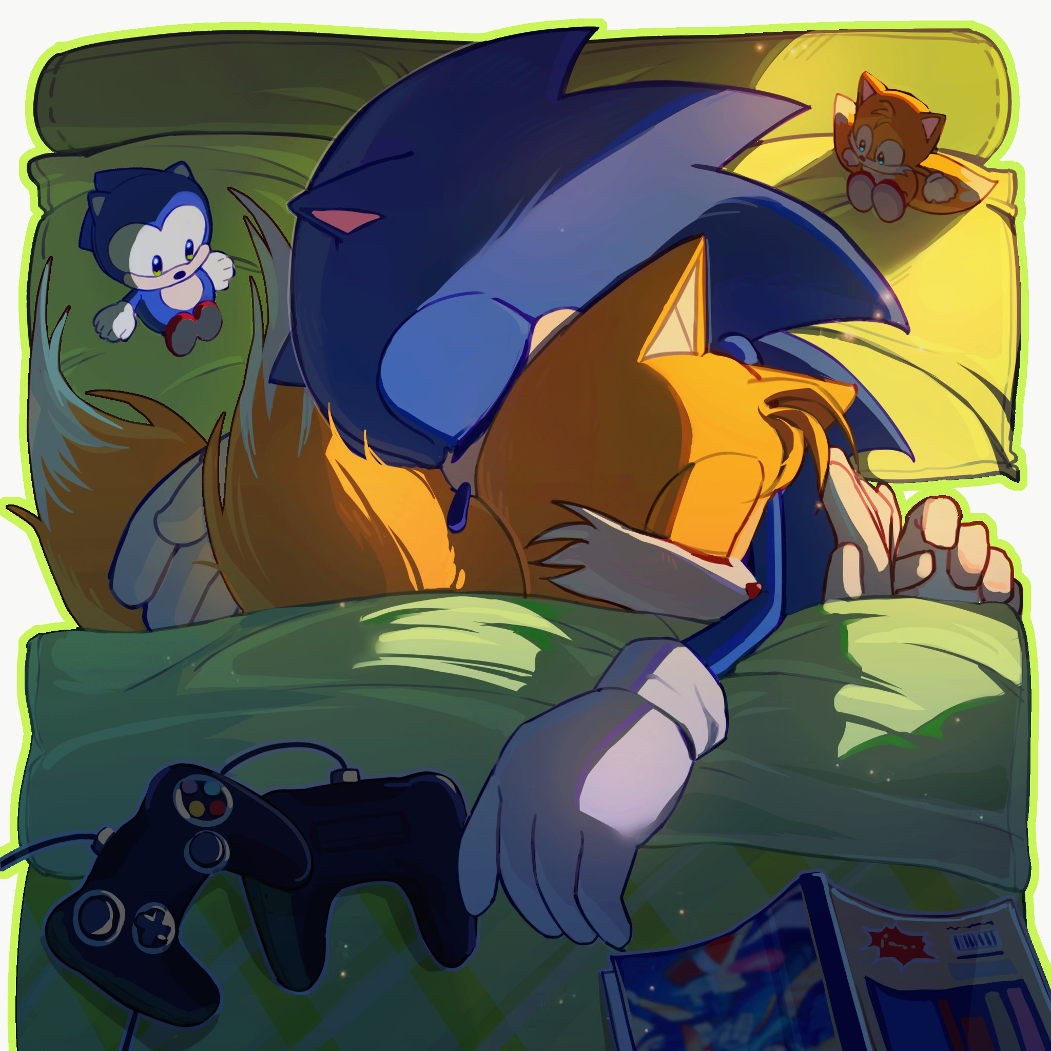 zhigui7156, sonic the hedgehog, tails (sonic), sega, sonic (series), bed, bed sheet, blanket, blonde hair, blue fur, blue hair, comic, controller, gloves, hug, on bed, pillow, sleeping, spiked hair, stuffed toy, yellow fur
