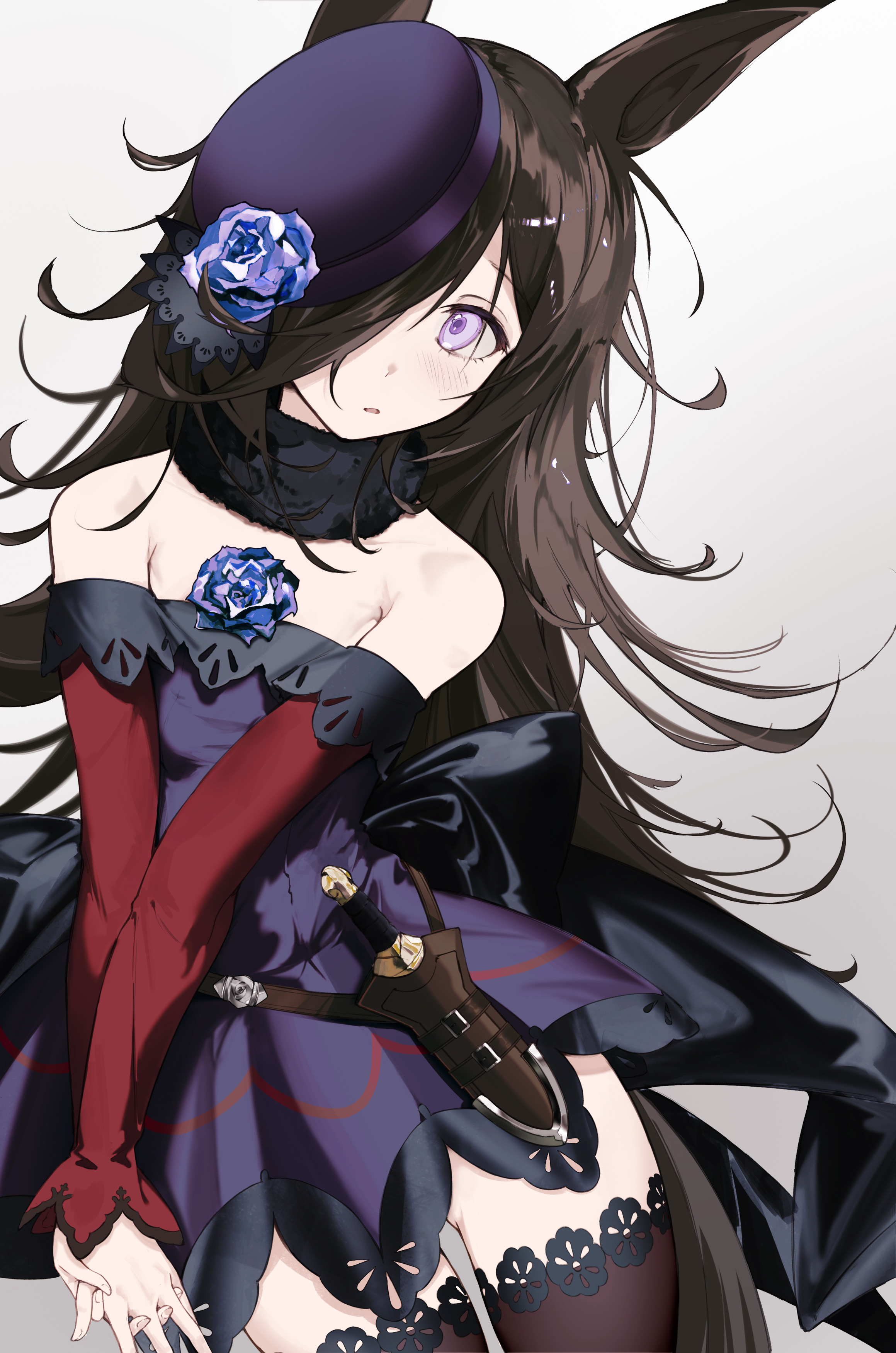 ceeds, rice shower (umamusume), umamusume, absurdres, commentary, english commentary, highres, 1girl, animal ears, beret, black bow, black shawl, blue flower, blue rose, bow, brown thighhighs, dagger, dress, dress bow, flower, hat, horse ears, horse girl, horse tail, interlocked fingers, knife, long hair, looking at viewer, off-shoulder dress, off shoulder, one eye covered, parted lips, purple dress, purple hat, rose, shawl, sheath, simple background, solo, tail, thighhighs, very long hair, weapon
