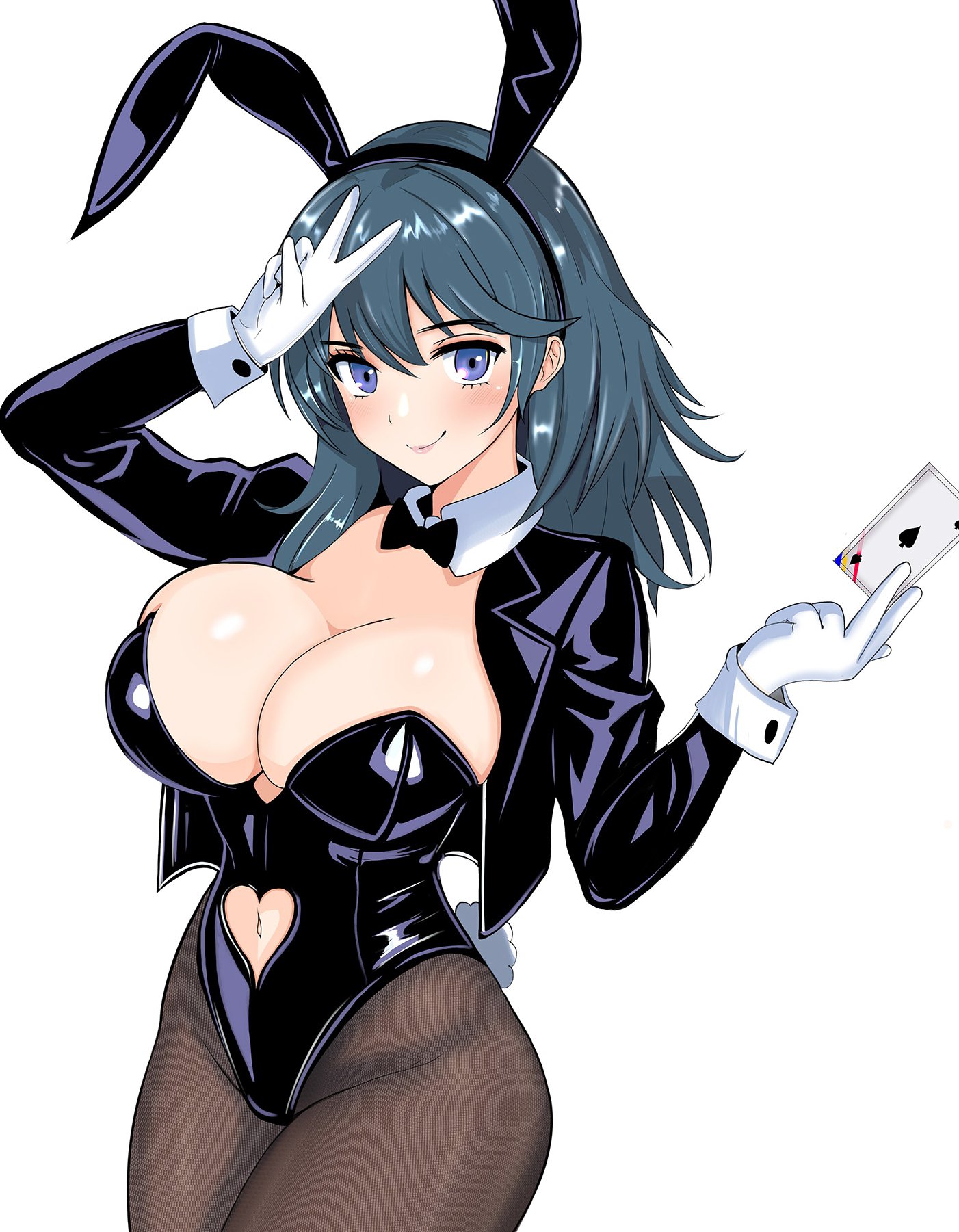 mali-sa, female byleth (fire emblem), fire emblem, fire emblem: three houses, nintendo, highres, 1girl, animal ears, black bow, black bowtie, black leotard, bow, bowtie, breasts, cleavage, clothing cutout, collar, fake animal ears, gloves, heart cutout, large breasts, leotard, playboy bunny, rabbit ears, sideboob, skindentation, solo, v, white collar, white gloves, white wrist cuffs, wrist cuffs