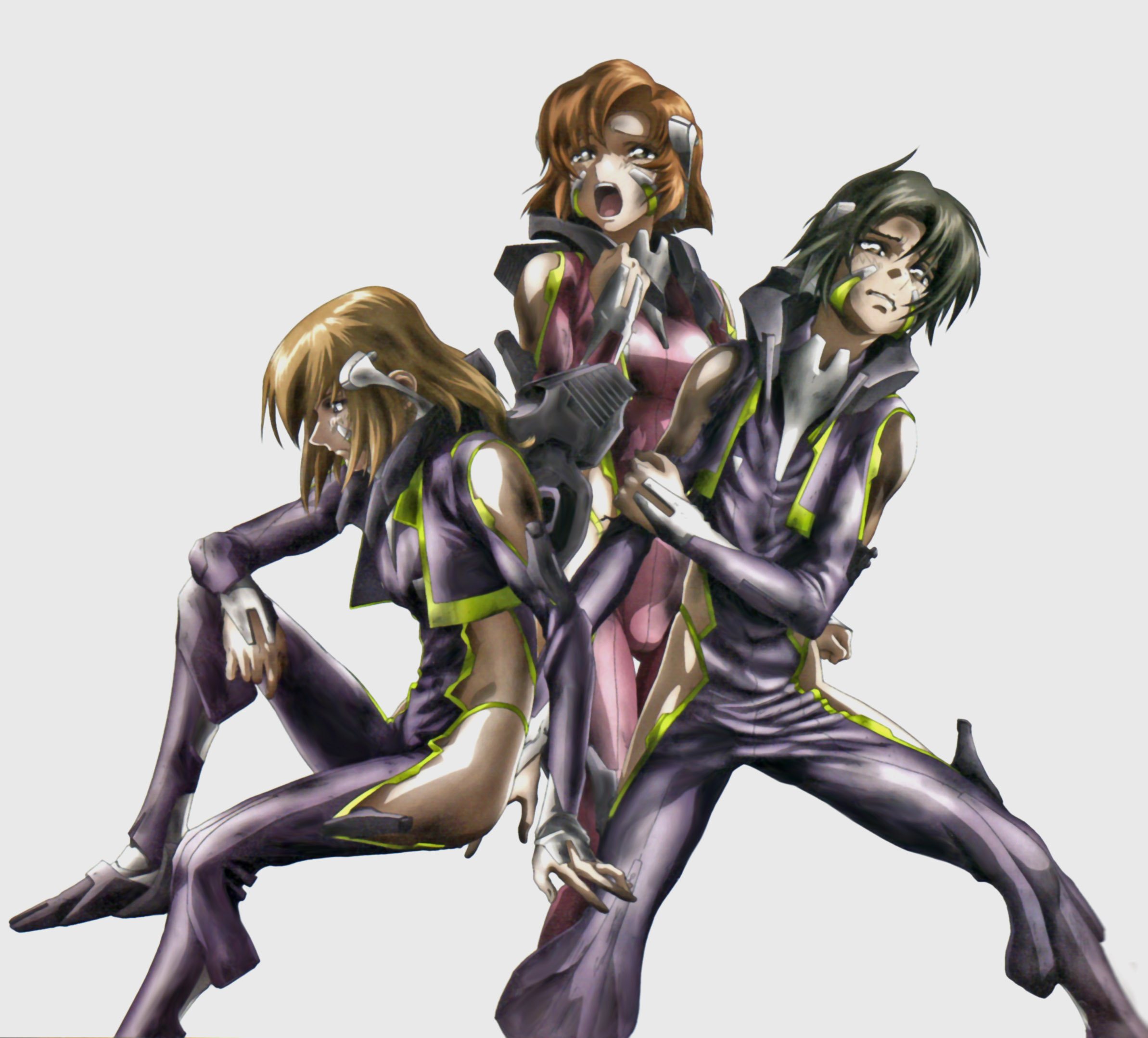 hirai hisashi, makabe kazuki, minashiro soushi, toomi maya, soukyuu no fafner, pilot suit, highres, official art, scan, 00s, 1girl, 2boys, arm cutout, black hair, bodysuit, brown eyes, brown hair, clothing cutout, headgear, long hair, mecha pilot suit, multiple boys, orange hair, short hair, side cutout, sitting, synergetic suit