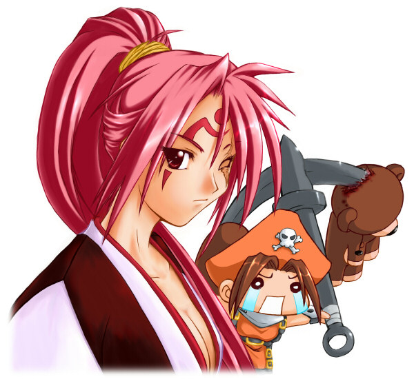 baiken, may (guilty gear), arc system works, guilty gear, 2girls, anchor, breasts, chibi, cleavage, hat, japanese clothes, kimono, large breasts, long hair, multiple girls, o o, one-eyed, orange hat, orange shirt, pink hair, ponytail, red eyes, red hair, scar, scar across eye, scar on face, shirt, stuffed animal, stuffed toy, tears, teddy bear, white background