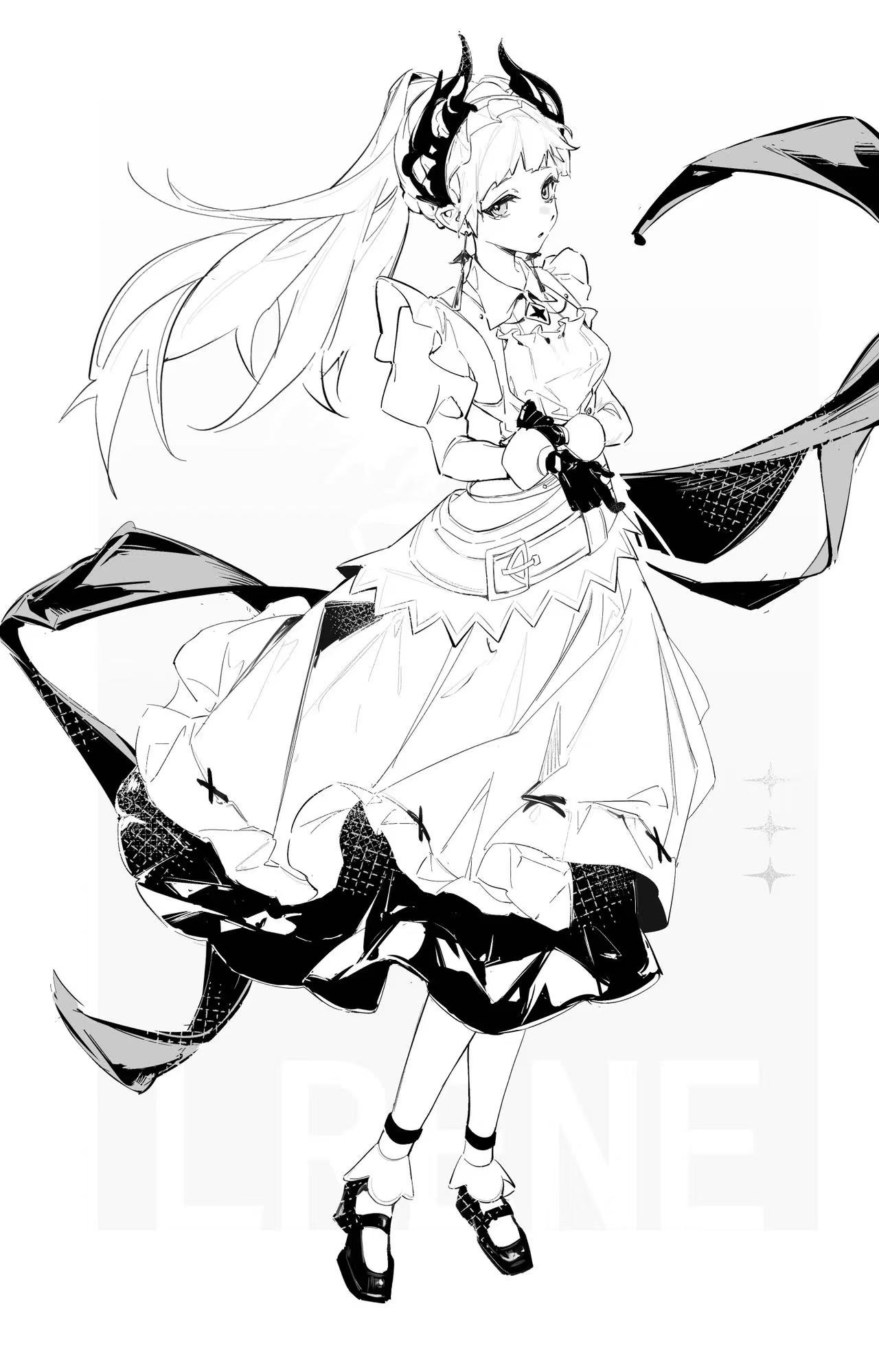 huazihuazihz, irene (arknights), irene (voyage of feathers) (arknights), ambience synesthesia, arknights, chinese commentary, commentary request, highres, 1girl, adjusting sleeves, belt, belt buckle, buckle, character name, dress, earrings, frills, full body, gloves, greyscale, jewelry, long dress, long hair, looking at viewer, maid, monochrome, official alternate costume, parted lips, ponytail, shoes, solo, standing