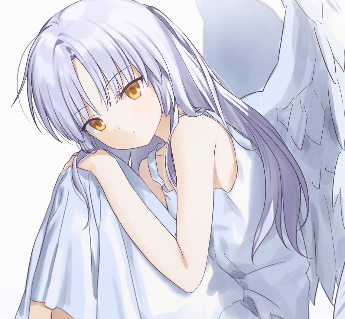 saang2cm, tachibana kanade, angel beats!, 1girl, alternate costume, angel, angel wings, bare shoulders, blush, closed mouth, dress, expressionless, eyes visible through hair, feet out of frame, from side, hair between eyes, hair over shoulder, hand on own knee, knees up, leaning forward, long hair, looking at viewer, simple background, sitting, sleeveless, sleeveless dress, solo, straight hair, sundress, white background, white dress, white hair, white wings, wings, yellow eyes