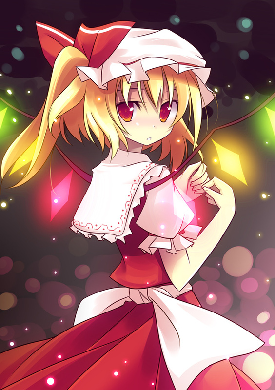 flandre scarlet, touhou, 1girl, back, blush, bow, collar, fang, female focus, frilled shirt collar, frills, hat, hat ribbon, looking at viewer, looking back, mob cap, puffy short sleeves, puffy sleeves, red bow, red eyes, red skirt, red vest, ribbon, sailor collar, sash, short hair, short sleeves, side ponytail, skirt, solo, vest, white bow, white collar, white hat, wings