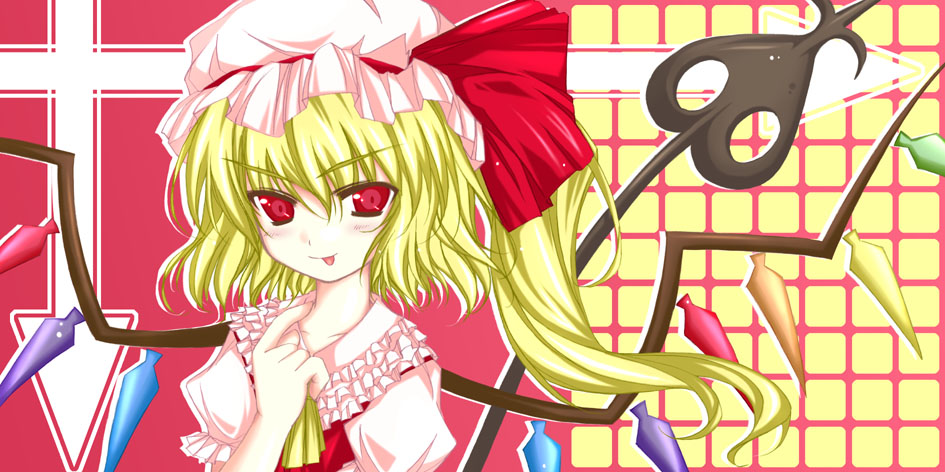 flandre scarlet, touhou, 1girl, blonde hair, female focus, hat, laevatein, mob cap, one side up, red eyes, ribbon, side ponytail, solo, tongue, wings