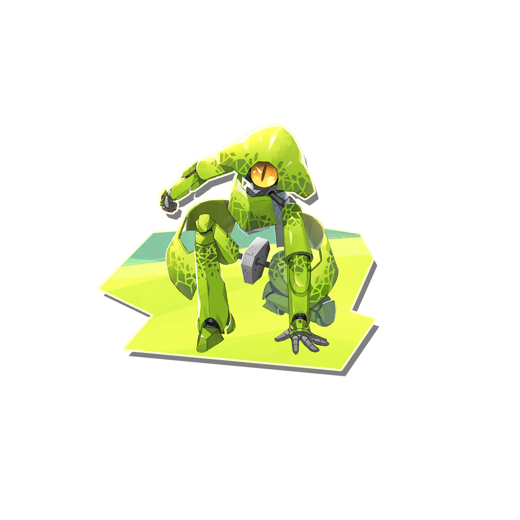 henger (monster farm), line: monster farm, monster farm, official art, cyclops, kneeling, omega (monster farm), one-eyed, robot, vertical pupils