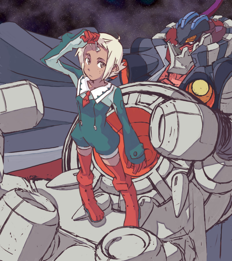 tugeneko, dix-neuf, lal'c mellk mal, top wo nerae! (series), top wo nerae 2!, red footwear, 00s, :/, boots, brown eyes, dark-skinned female, dark skin, freckles, full body, gloves, in palm, mecha, night, night sky, red gloves, robot, romper, shading eyes, shoes, short hair, sidelocks, sky, thigh boots, thighhighs, thumb hole, white hair, zettai ryouiki